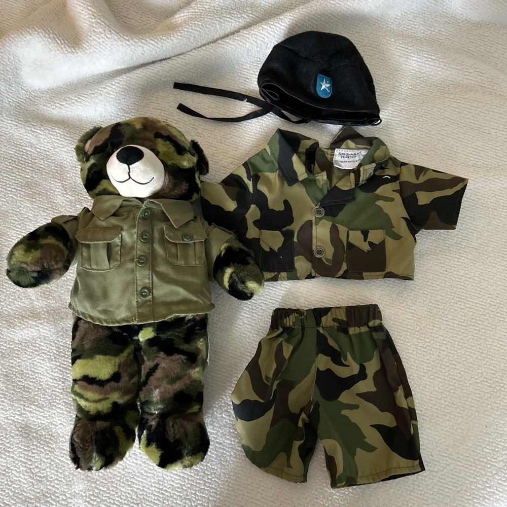 Build a Bear BAB Camouflage Military Plush Bear with clothing and beret hat lot